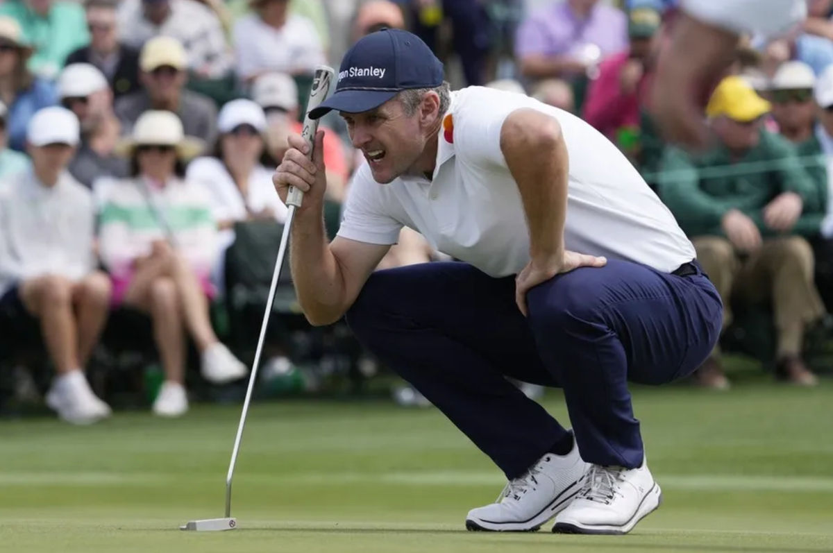 Apr 11, 2025; Augusta, Georgia, USA; Justin Rose prepares to putt on the 18th green during the second round of the Masters Tournament at Augusta National Golf Club. Mandatory Credit: Michael Madrid-Imagn Images