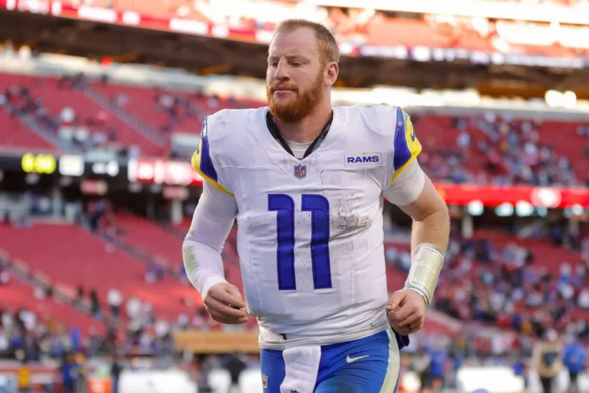 Jan 7, 2024; Santa Clara, California, USA; Los Angeles Rams quarterback Carson Wentz (11) after the game against the San Francisco 49ers at Levi's Stadium. credits: Sergio Estrada-USA TODAY Sports