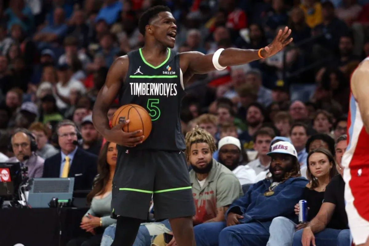 Apr 10, 2025; Memphis, Tennessee, USA; Minnesota Timberwolves guard Anthony Edwards (5) reacts during the third quarter against the Memphis Grizzlies at FedExForum. Mandatory Credit: Petre Thomas-Imagn Images