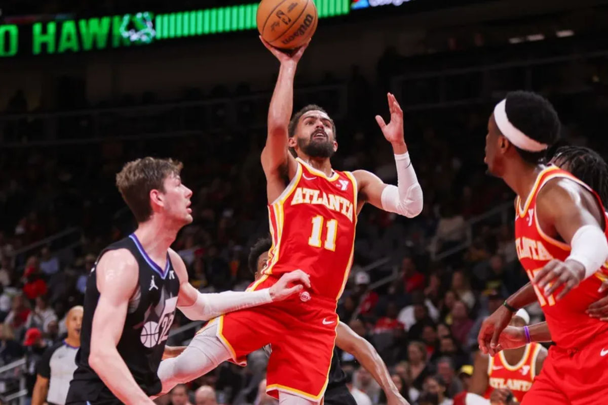 Apr 6, 2025; Atlanta, Georgia, USA; Atlanta Hawks guard Trae Young (11) shoots against the Utah Jazz in the second quarter at State Farm Arena. Mandatory Credit: Brett Davis-Imagn Images