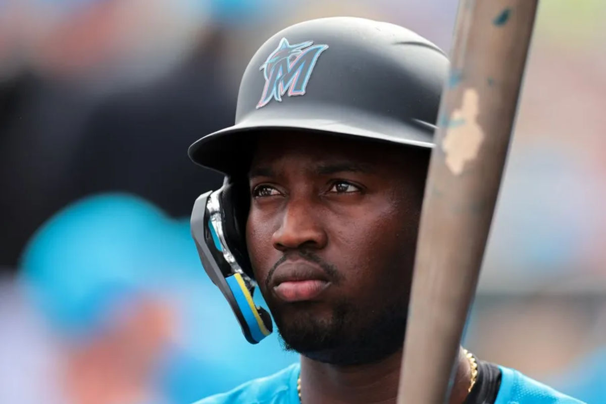 Feb 26, 2025; Jupiter, Florida, USA; Miami Marlins right fielder Jesus Sanchez (7) looks on from inside the dugout against the New York Mets during the fourth inning at Roger Dean Chevrolet Stadium. Mandatory Credit: Sam Navarro-Imagn Images