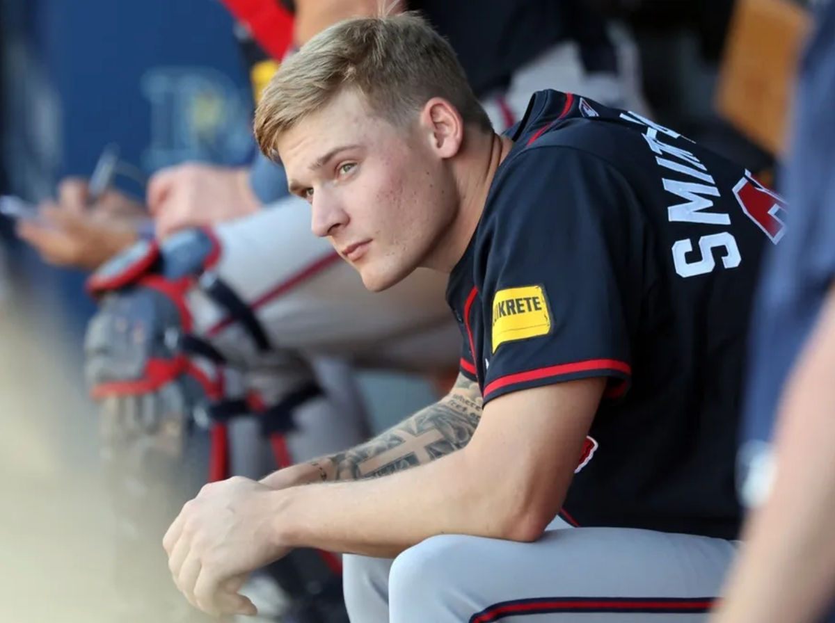 Apr 12, 2025; St. Petersburg, Florida, USA; Atlanta Braves starting pitcher AJ Smith-Shawver (32) looks on from the dugout during the second inning against the Tampa Bay Rays at George M. Steinbrenner Field. Mandatory Credit: Kim Klement Neitzel-Imagn Images