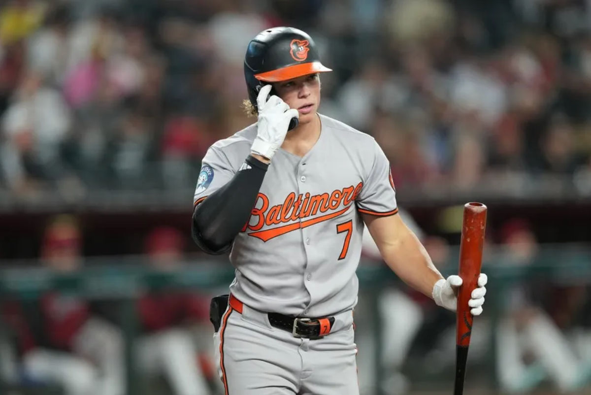 Apr 8, 2025; Phoenix, Arizona, USA; Baltimore Orioles second base Jackson Holliday (7) looks on against the Arizona Diamondbacks during the fourth inning at Chase Field. Mandatory Credit: Joe Camporeale-Imagn Images