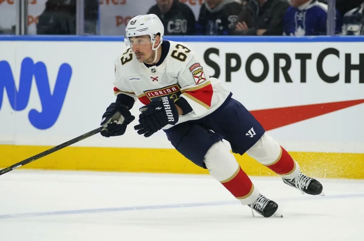 Apr 2, 2025; Toronto, Ontario, CAN; Florida Panthers forward Brad Marchand (63) skates against the Toronto Maple Leafs at Scotiabank Arena. Mandatory Credit: John E. Sokolowski-Imagn Images