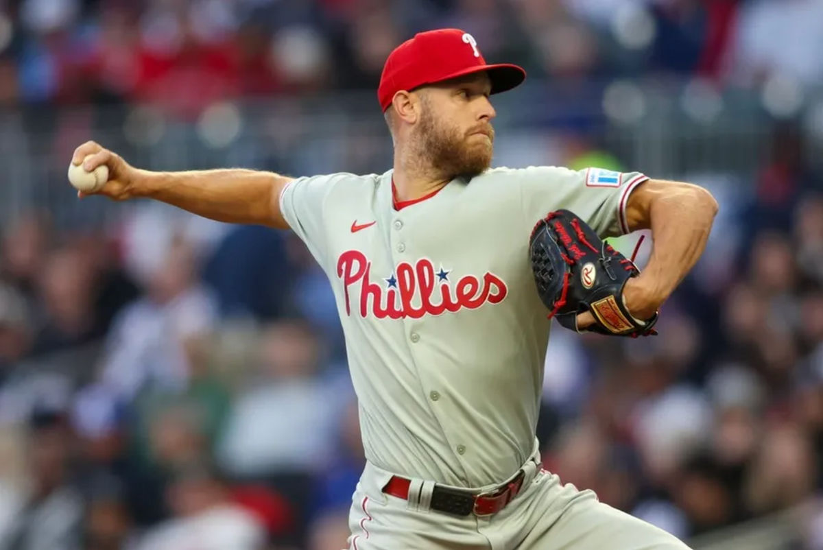 Apr 8, 2025; Atlanta, Georgia, USA; Philadelphia Phillies starting pitcher Zack Wheeler (45) throws against the Atlanta Braves in the second inning at Truist Park. Mandatory Credit: Brett Davis-Imagn Images