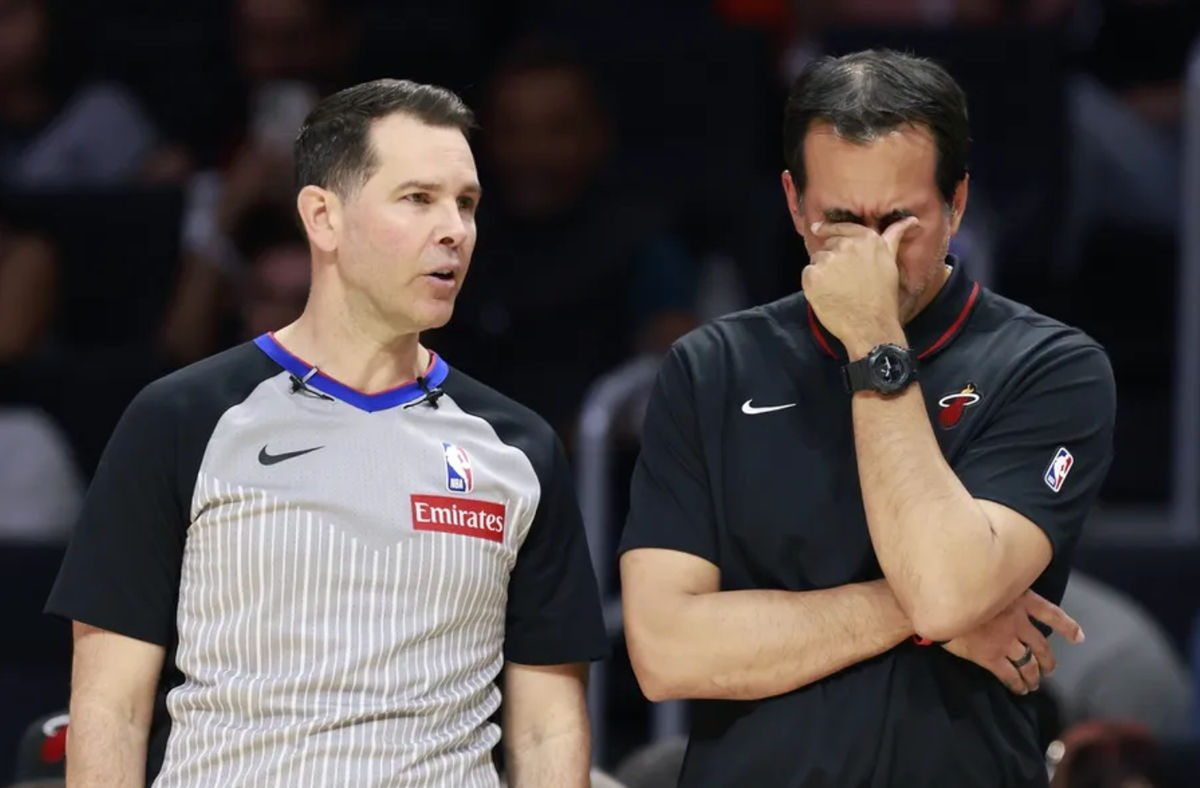Mar 10, 2025; Miami, Florida, USA; Miami Heat head coach Erik Spoelstra reacts to referee Brian Forte (45) against the Charlotte Hornets during the second half at Kaseya Center. Mandatory Credit: Rhona Wise-Imagn Images