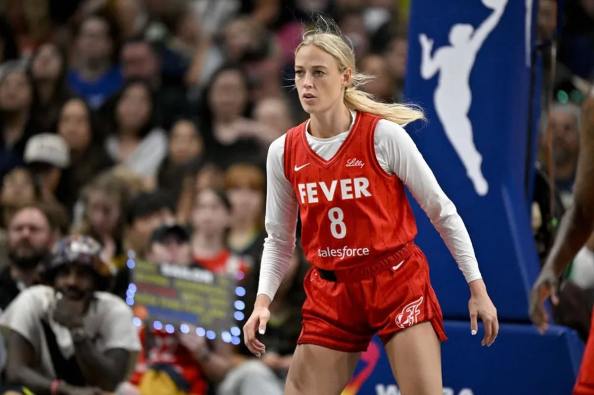 Jun 27, 2025; Dallas, Texas, USA; Indiana Fever guard Sophie Cunningham (8) during the game between the Dallas Wings and the Indiana Fever at the American Airlines Center. Mandatory Credit: Jerome Miron-Imagn Images