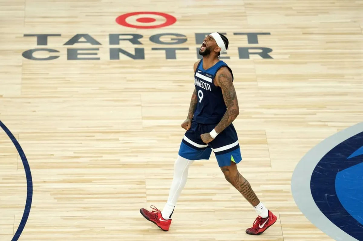 May 26, 2025; Miniapolis, Minnesota, USA; Minnesota Timbervols Guard Nickkel Alexander-Wocker (9) reacted against Oklahoma City Thunder in the second half during the game four of the Western Conference Finals for the 2025 NBA Playoffs at the Target Center. Compulsory Credit: Jesse Johnson-Imgon Picture