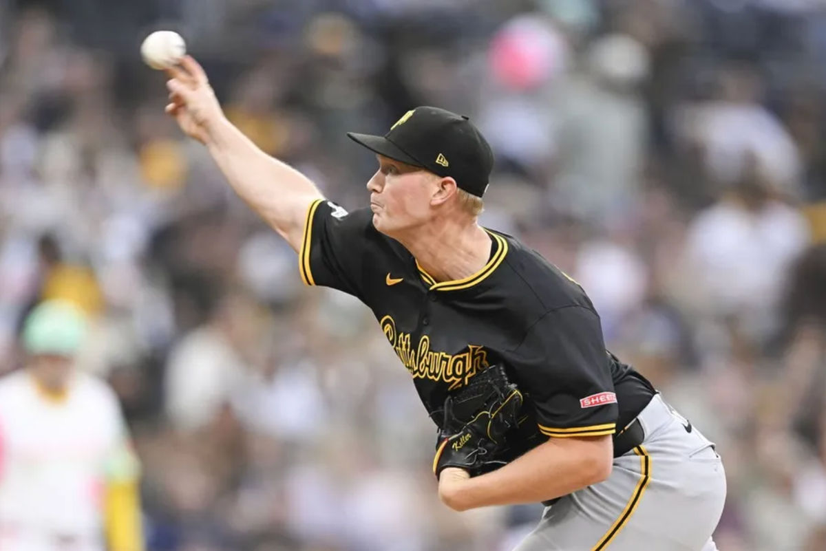 30 May, 2025; San Diego, California, USA; Pittsburgh Pirates launched Pitcher Mich Keller (23), which saves during the first innings against San Diego Padress at Petco Park. Compulsory Credit: Dennis Poroy-Emagan Picture