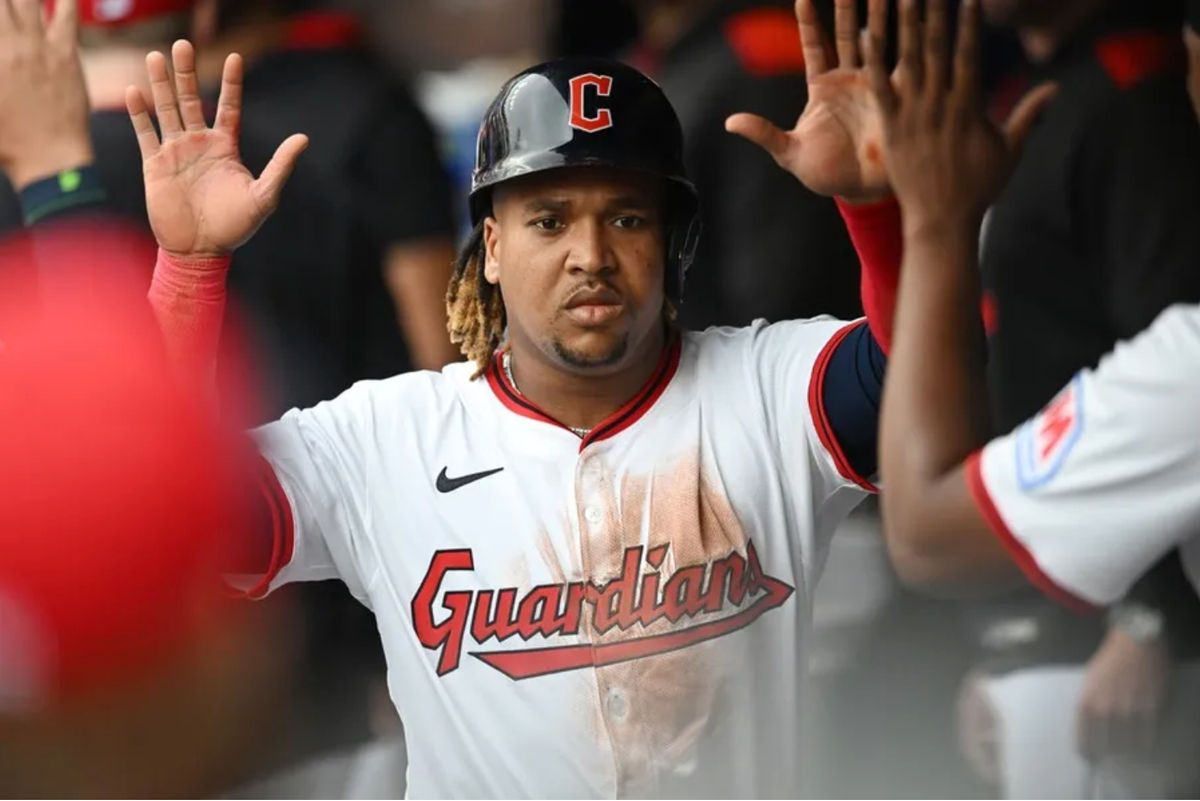 Jun 9, 2025; Cleveland, Ohio, USA; Cleveland Guardians third baseman Jose Ramirez (11) celebrates after scoring during the third inning against the Cincinnati Reds at Progressive Field. Mandatory Credit: Ken Blaze-Imagn Images