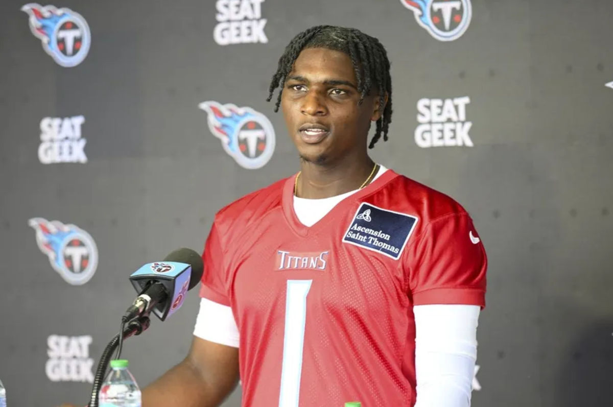 May 10, 2025; Nashville, TN, USA; Tennessee Titans quarterback Cam Ward (1) talks with reporters after his first day of rookie mini camp at Saint Thomas Sports Park. Mandatory Credit: Steve Roberts-Imagn Images