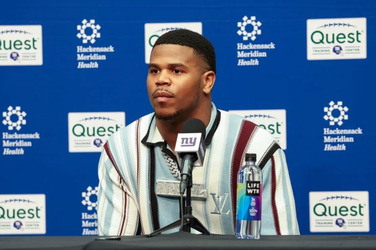 Apr 25, 2025; East Rutherford, NJ, US; New York Giants first round draft pick, Abdul Carter, takes questions from the media during his introduction press conference. New York Giants Mandatory Credit: Thomas Salus-Imagn Images