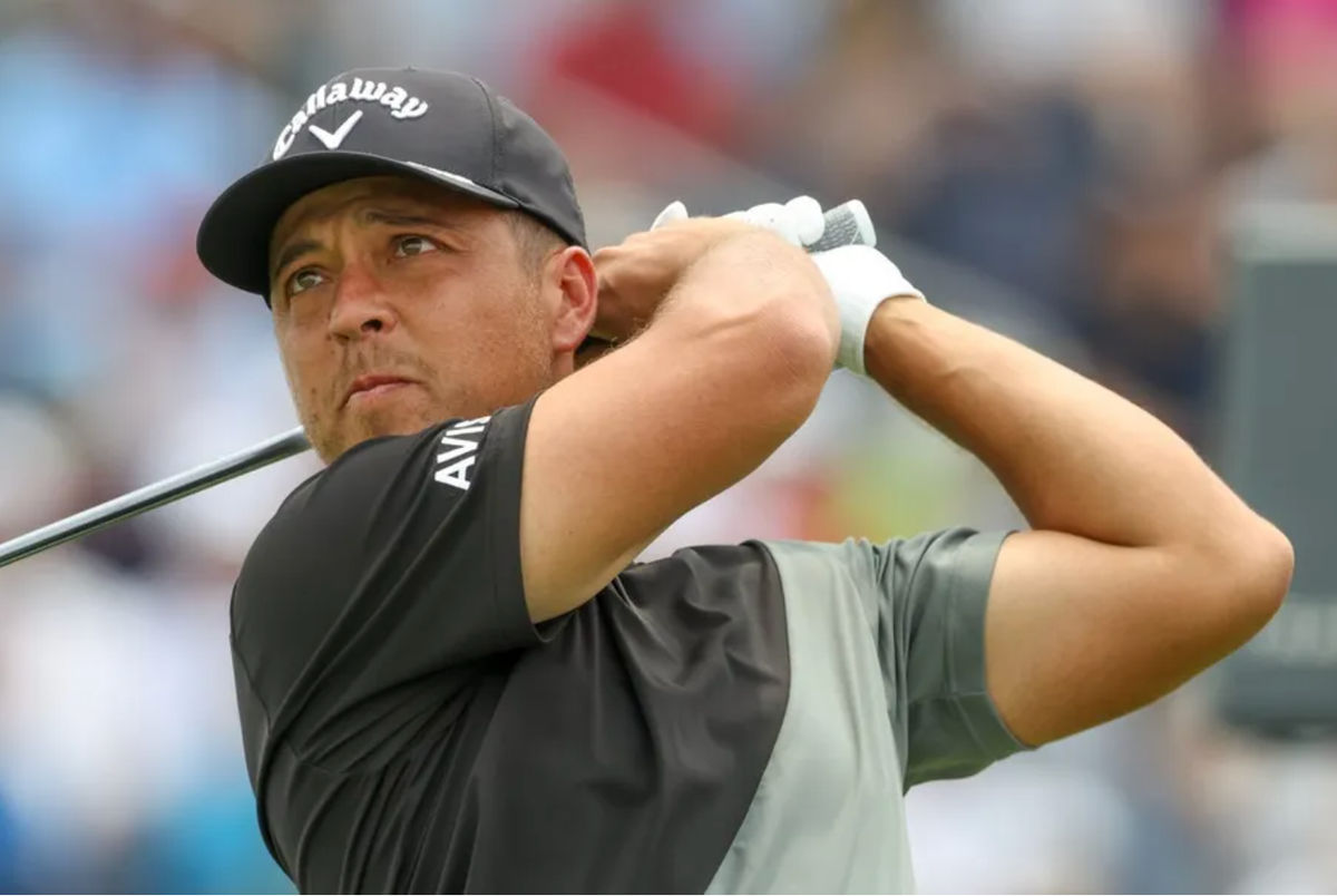 June 13, 2025; Omkont, Pennsylvania, USA; Xander Schaffele played his shot with tenth T during the second round of the US Open Golf Tournament. Compulsory Credit: Charles Lakelair-Imgon images