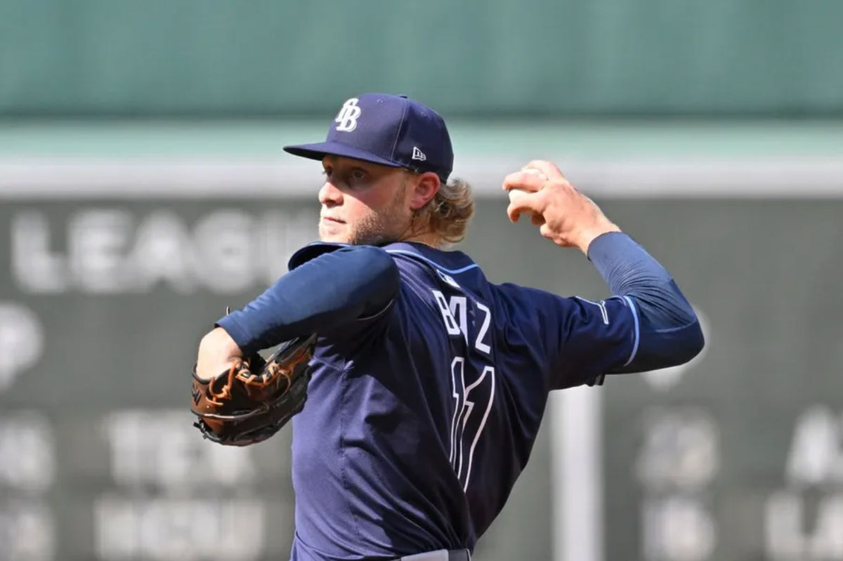 Jul 12, 2025; Boston, Massachusetts, USA; Tampa Bay Rays starting pitcher Shane Baz (11) pitches against the Boston Red Sox during the first inning at Fenway Park. Mandatory Credit: Eric Canha-Imagn Images