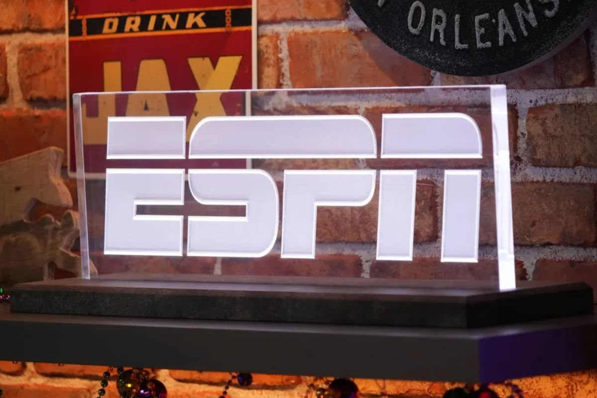 Feb 5, 2025; New Orleans, LA, USA; The ESPN logo at the Super Bowl LIX media center at the Ernest N. Morial Convention Center. Mandatory Credit: Kirby Lee-Imagn Images