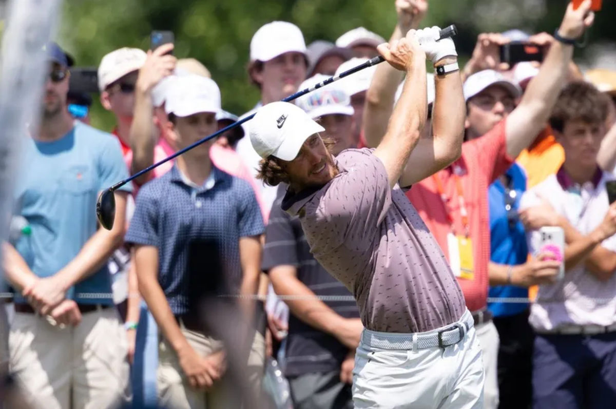 Jun 21, 2025; Cromwell, Connecticut, USA; Tommy Fleetwood plays his shot from the first tee during the third round of the Travelers Championship golf tournament. Mandatory Credit: Bill Streicher-Imagn Images