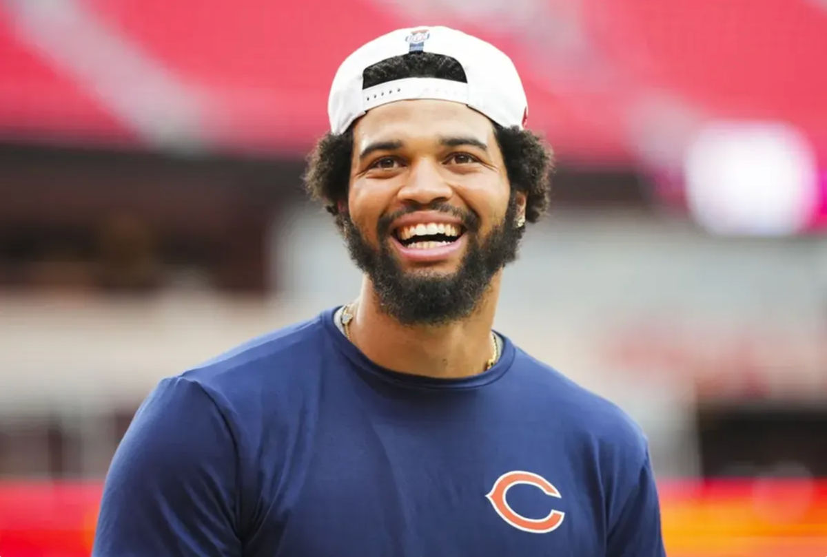 Aug 22, 2024; Kansas City, Missouri, USA; Chicago Bears quarterback Caleb Williams (18) prior to a game against the Kansas City Chiefs at GEHA Field at Arrowhead Stadium. Mandatory Credit: Jay Biggerstaff-USA TODAY Sports
