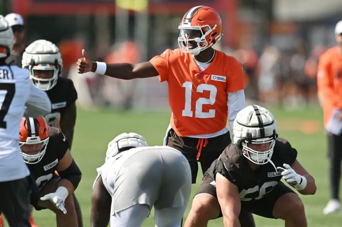 Jul 26, 2025; Berea, OH, USA; Cleveland Browns quarterback Shedeur Sanders (12) runs the offense during training camp at CrossCountry Mortgage Campus. Mandatory Credit: Ken Blaze-Imagn Images