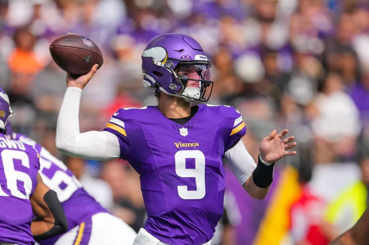 Aug 10, 2024; Minneapolis, Minnesota, USA; Minnesota Vikings quarterback J.J. McCarthy (9) passes against the Las Vegas Raiders in the second quarter at U.S. Bank Stadium. Mandatory Credit: Brad Rempel-Imagn Images