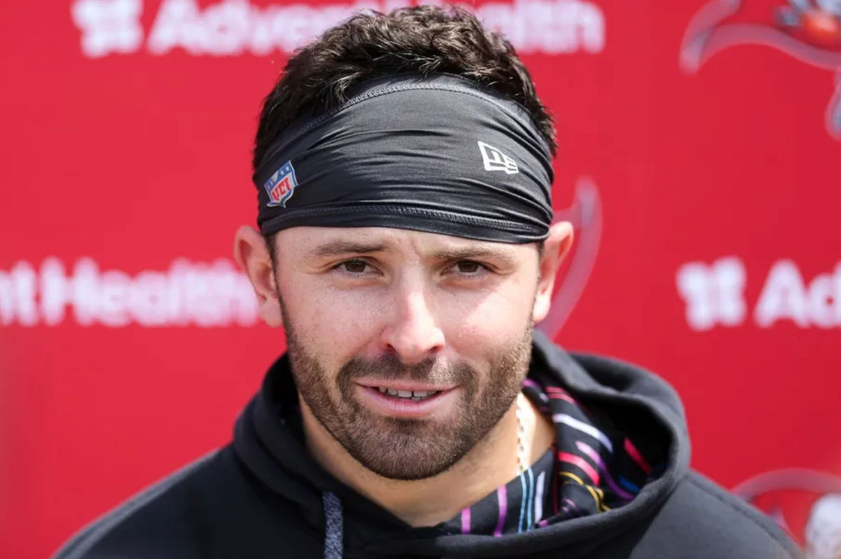 Jun 10, 2025; Tampa Bay, FL, USA; Tampa Bay Buccaneers quarterback Baker Mayfield (6) gives a press conference after mini camp at AdventHealth Training Center. Mandatory Credit: Nathan Ray Seebeck-Imagn Images