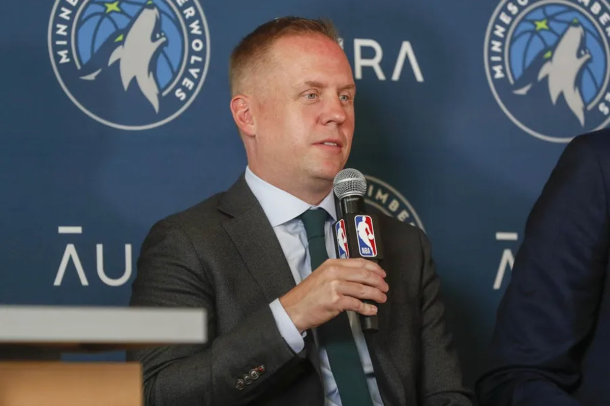 Jun 28, 2022; Minneapolis, MN, USA; Minnesota Timberwolves president of basketball operations Tim Connelly answers questions at a press conference to introduce the 2022 draft picks at Target Center. Mandatory Credit: Bruce Kluckhohn-Imagn Images