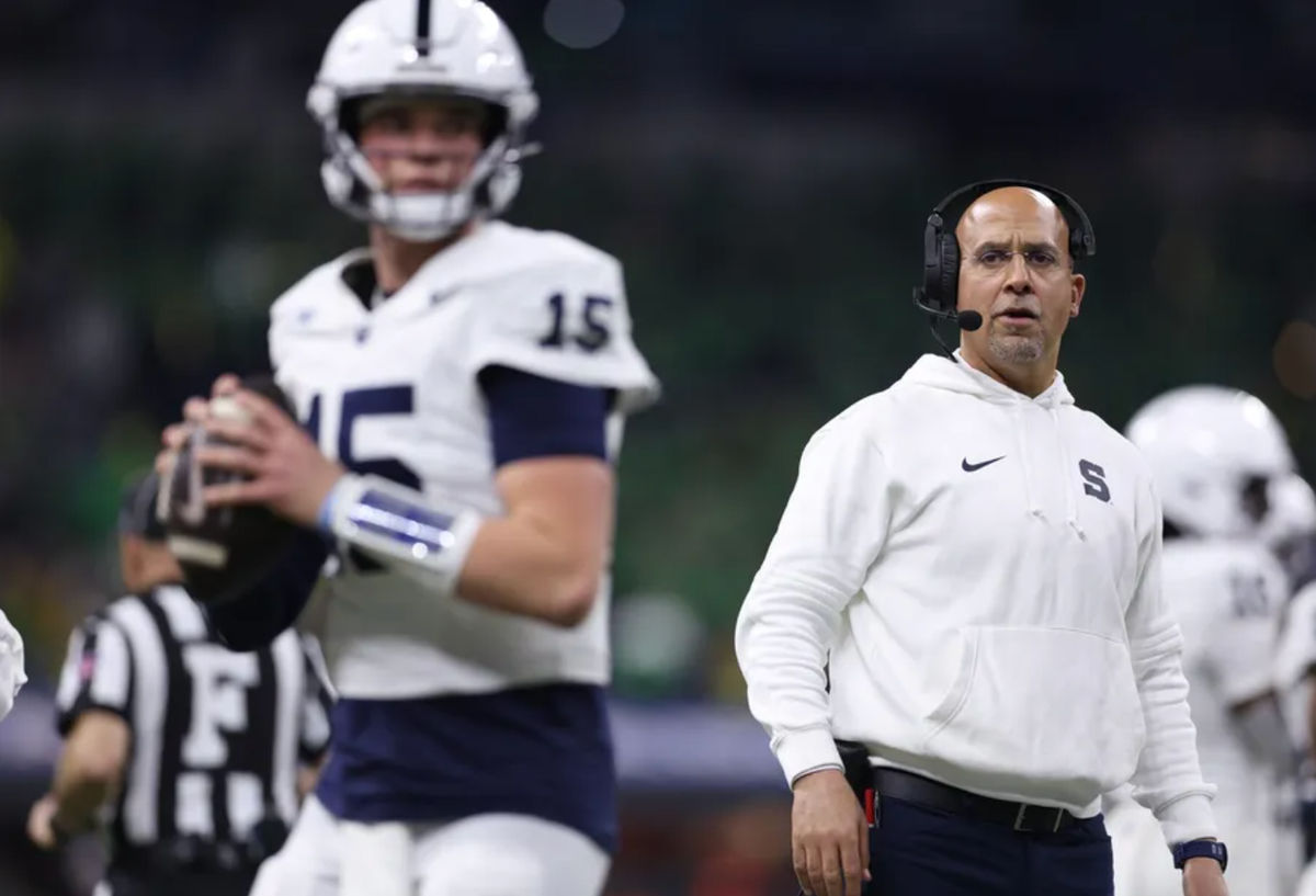 Dec 7, 2024; Indianapolis, IN, USA; Penn State Nittany Lions head coach James Franklin watches quarterback Drew Allar (15) throw against the Oregon Ducks during the second quarter in the 2024 Big Ten Championship game at Lucas Oil Stadium. Mandatory Credit: Jordan Prather-Imagn Images