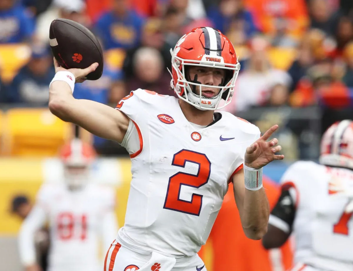 Nov 16, 2024; Pittsburgh, Pennsylvania, USA; Clemson Tigers quarterback Cade Klubnik (2) passes against the Pittsburgh Panthers during the first quarter at Acrisure Stadium. Mandatory Credit: Charles LeClaire-Imagn Images