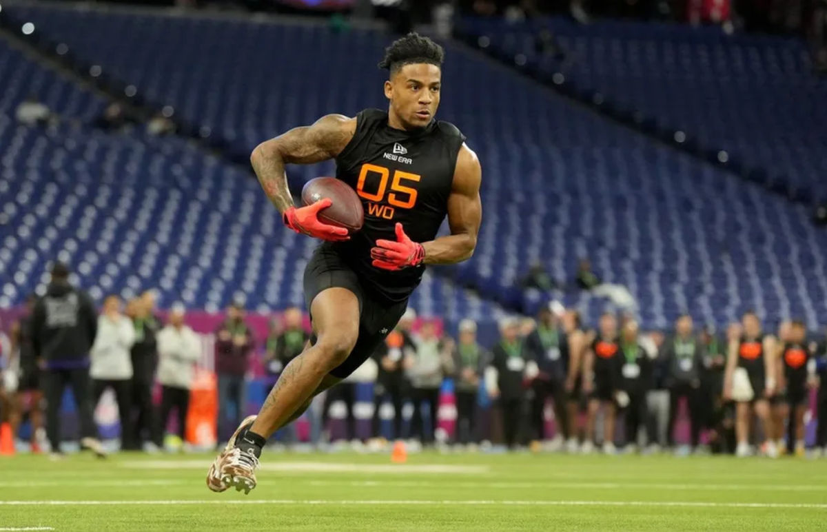 Mar 1, 2025; Indianapolis, IN, USA; Texas wideout Isaiah Bond (WO05) during the 2025 NFL Combine at Lucas Oil Stadium. Mandatory Credit: Kirby Lee-Imagn Images