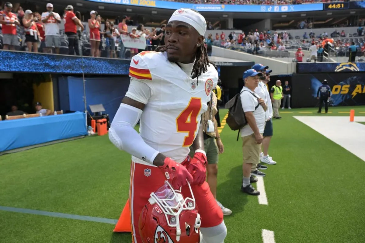 Sep 29, 2024; Inglewood, California, USA; Kansas City Chiefs wide receiver Rashee Rice (4) leaves the field following the game against the Los Angeles Chargers at SoFi Stadium. Mandatory Credit: Jayne Kamin-Oncea-Imagn Images
