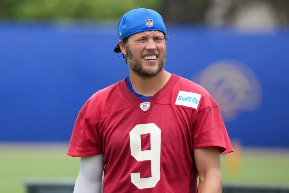 Jun 3, 2025; Woodland Hills, CA, USA; Los Angeles Rams quarterback Matthew Stafford (9) during organized team activities at Rams Practice Facility. Mandatory Credit: Kirby Lee-Imagn Images