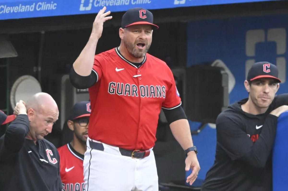 Aug 13, 2025; Cleveland, Ohio, USA; Cleveland Guardians manager Stephen Vogt (12) reacts in the fourth inning against the Miami Marlins at Progressive Field. Mandatory Credit: David Richard-Imagn Images