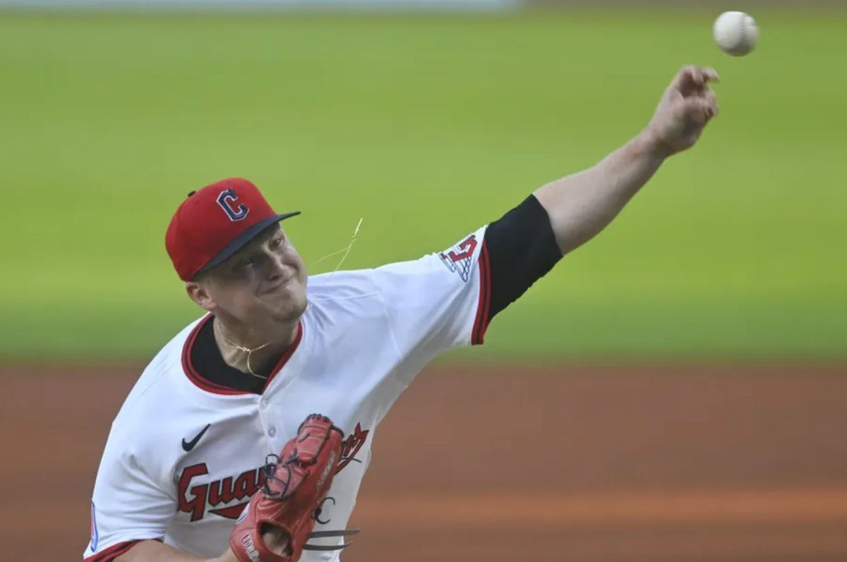 Aug 26, 2025; Cleveland, Ohio, USA; Cleveland Guardians starting pitcher Parker Messick (77) delivers a pitch in the first inning against the Tampa Bay Rays at Progressive Field. Mandatory Credit: David Richard-Imagn Images