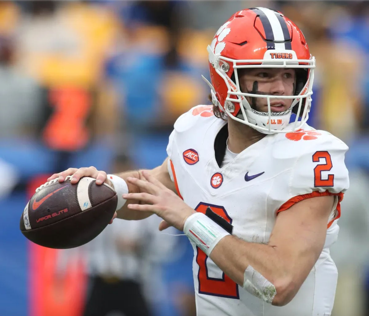 Nov 16, 2024; Pittsburgh, Pennsylvania, USA; Clemson Tigers quarterback Cade Klubnik (2) passes against the Pittsburgh Panthers during the fourth quarter at Acrisure Stadium. Mandatory Credit: Charles LeClaire-Imagn Images