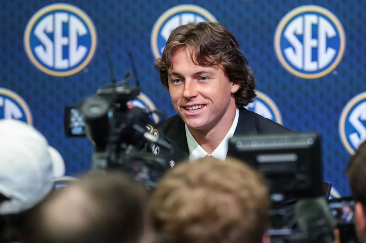 Jul 16, 2025; Atlanta, GA, USA; Oklahoma Sooners quarterback John Mateer answers questions from the media during the SEC Media Days at Omni Atlanta Hotel. Mandatory Credit: Jordan Godfree-Imagn Images