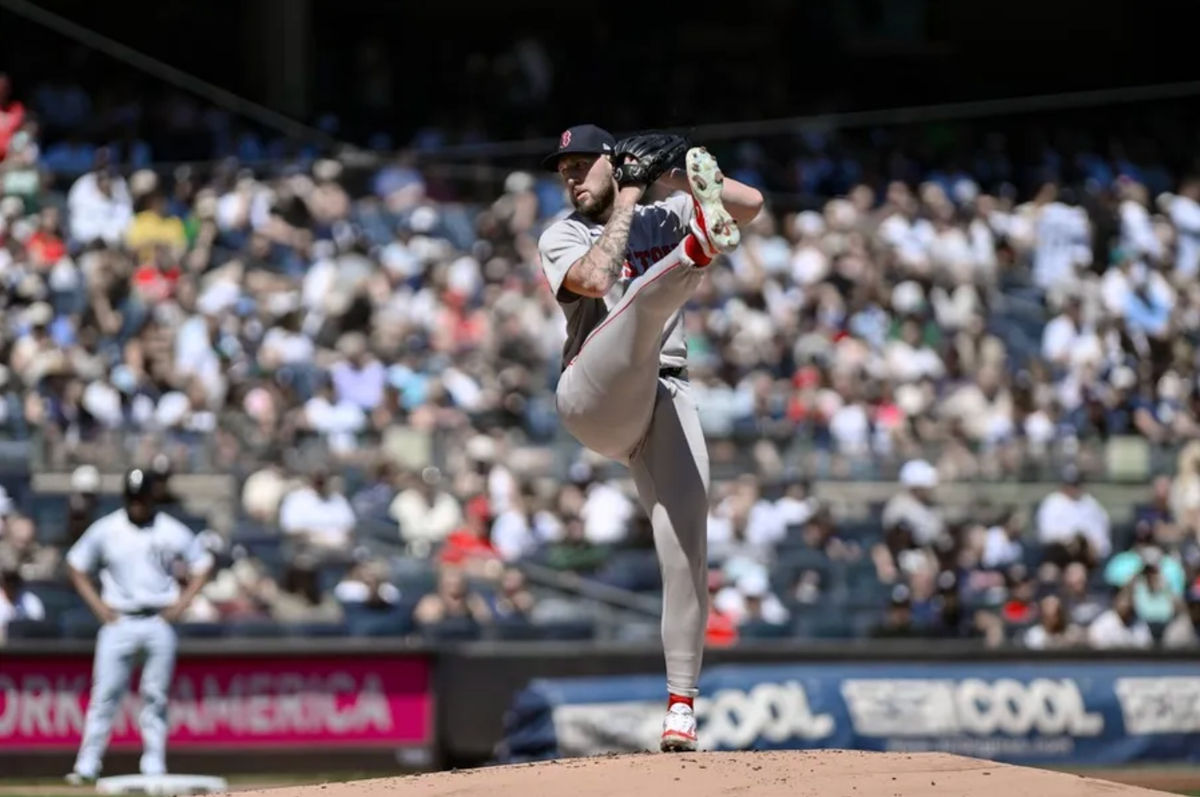 Aug 23, 2025; Bronx, New York, USA; Boston Red Sox pitcher Garrett Crochet (35) pitches against the New York Yankees during the first inning at Yankee Stadium. Mandatory Credit: John Jones-Imagn Images