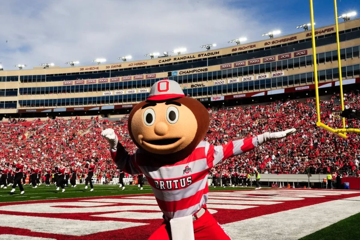 Brutus Buckeye poses on the field before the game against the Wisconsin Badgers at Camp Randall Stadium on Saturday, Oct. 18, 2025 in Madison, Wisconsin. PHOTO USA TODAY SPORTS IMAGES