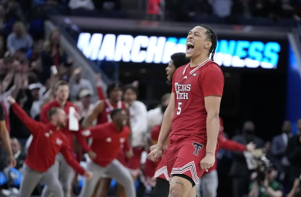 Mar 29, 2025; San Francisco, CA, USA; Texas Tech Red Raiders forward Darrion Williams (5) reacts during the second half against the Florida Gators during the West Regional final of the 2025 NCAA tournament at Chase Center. Mandatory Credit: Kyle Terada-Imagn Images