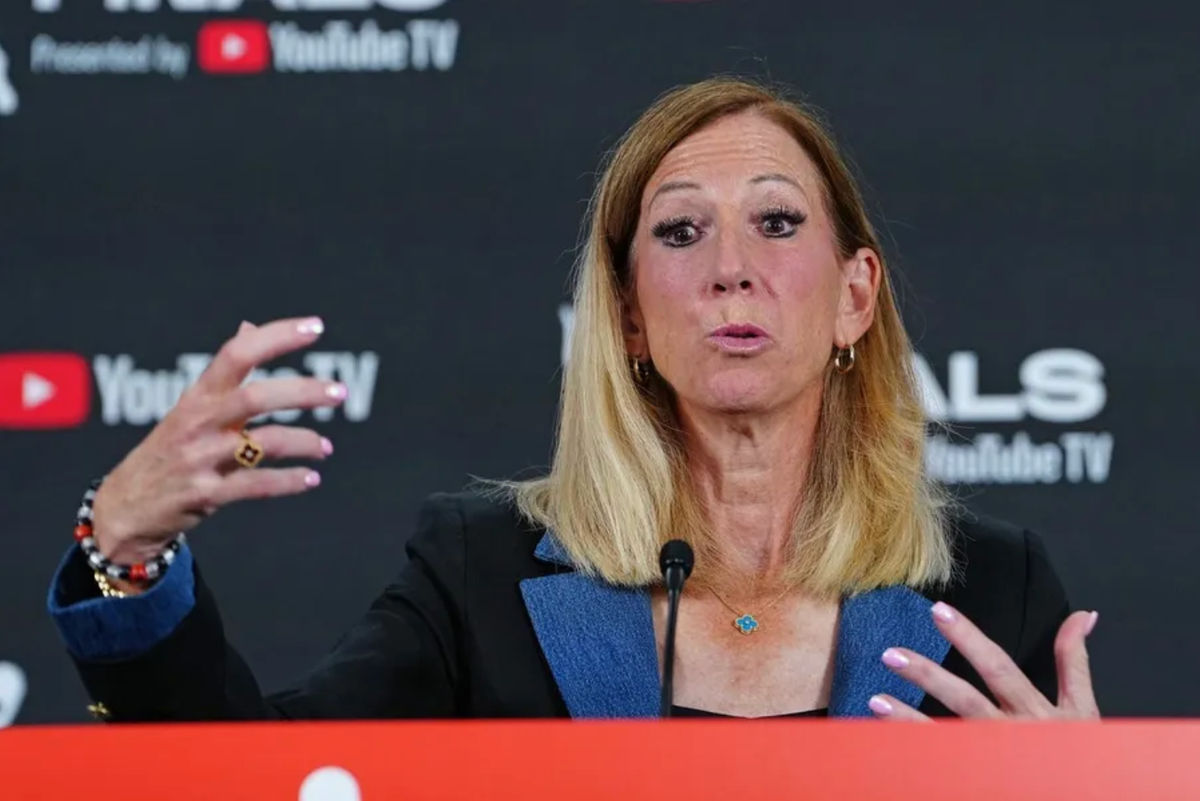 Oct 3, 2025; Las Vegas, Nevada, USA; WNBA Commissioner Cathy Engelbert talks during a presser before the start of game one of the 2025 WNBA Finals between the Phoenix Mercury and the Las Vegas Aces at Michelob Ultra Arena. Mandatory Credit: Stephen R. Sylvanie-Imagn Images