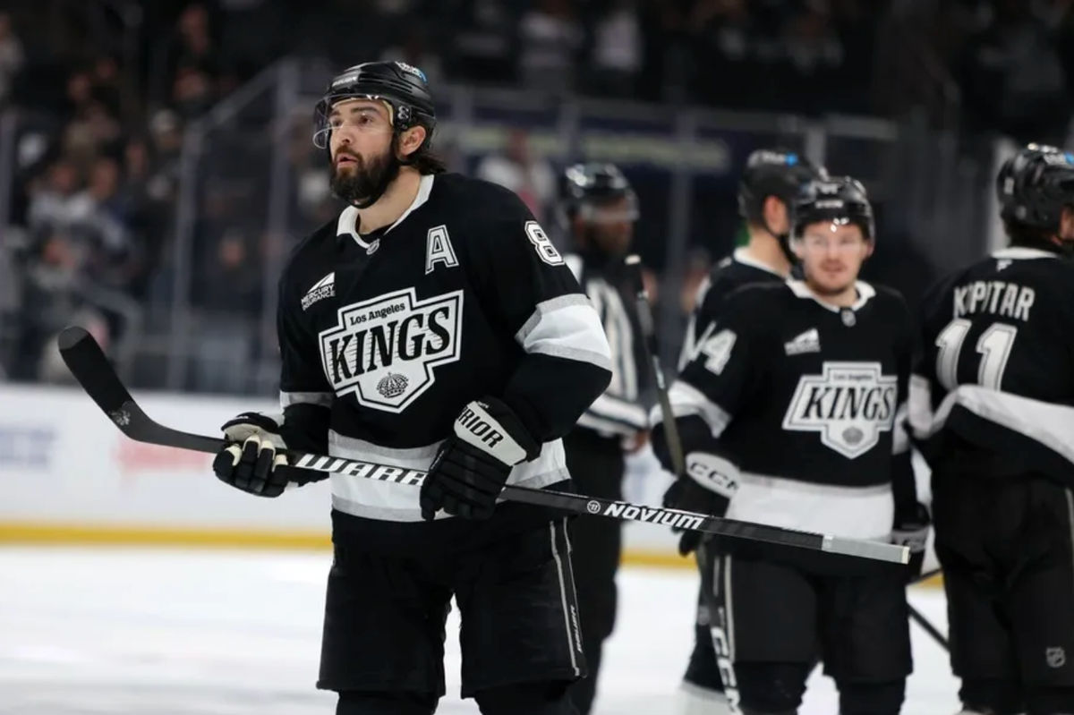 Nov 4, 2025; Los Angeles, California, USA; Los Angeles Kings defenseman Drew Doughty (8) looks on after scoring an empty net goal during the third period against the Winnipeg Jets at Crypto.com Arena. Mandatory Credit: Kiyoshi Mio-Imagn Images