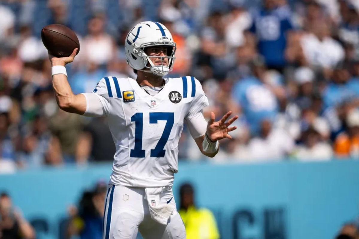Sep 21, 2025; Nashville, Tennessee, USA; Indianapolis Colts quarterback Daniel Jones (17) against the Tennessee Titans during the second half at Nissan Stadium. Mandatory Credit: Steve Roberts-Imagn Images