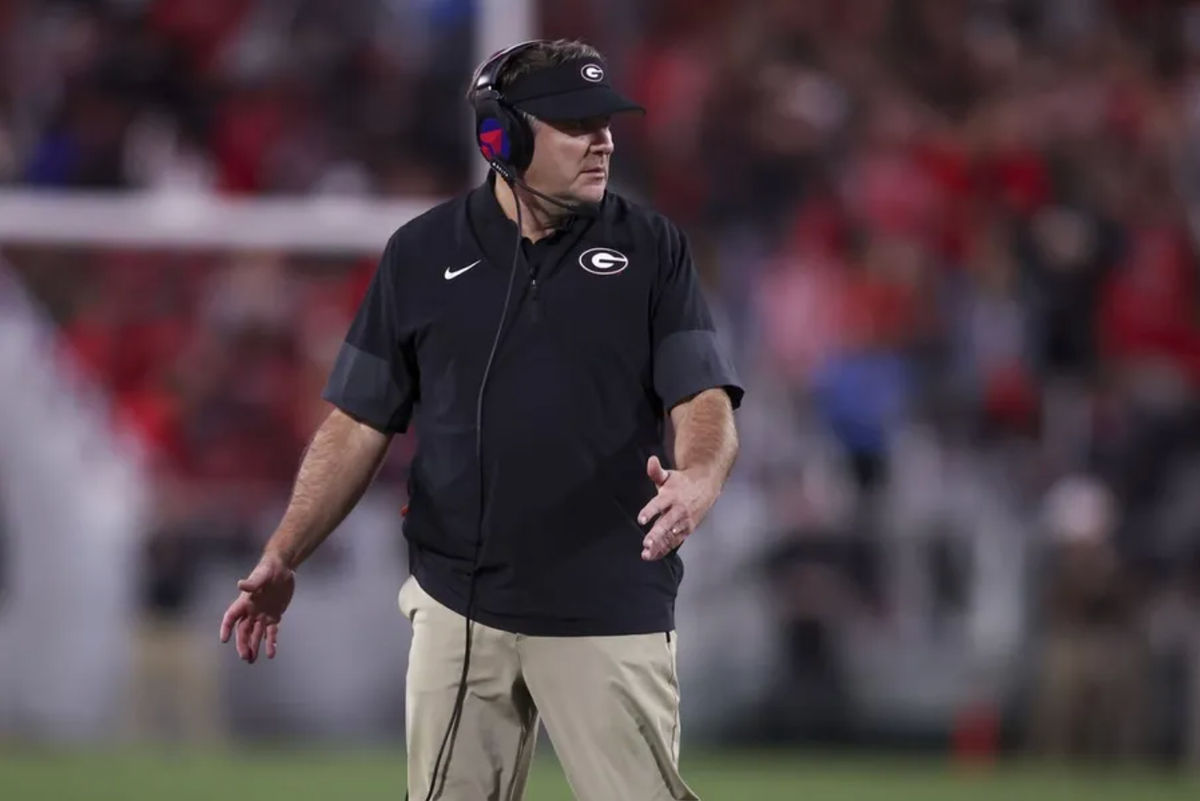 Nov 15, 2025; Athens, Georgia, USA; Georgia Bulldogs head coach Kirby Smart gestures in the second half against the Texas Longhorns at Sanford Stadium. Mandatory Credit: Brett Davis-Imagn Images