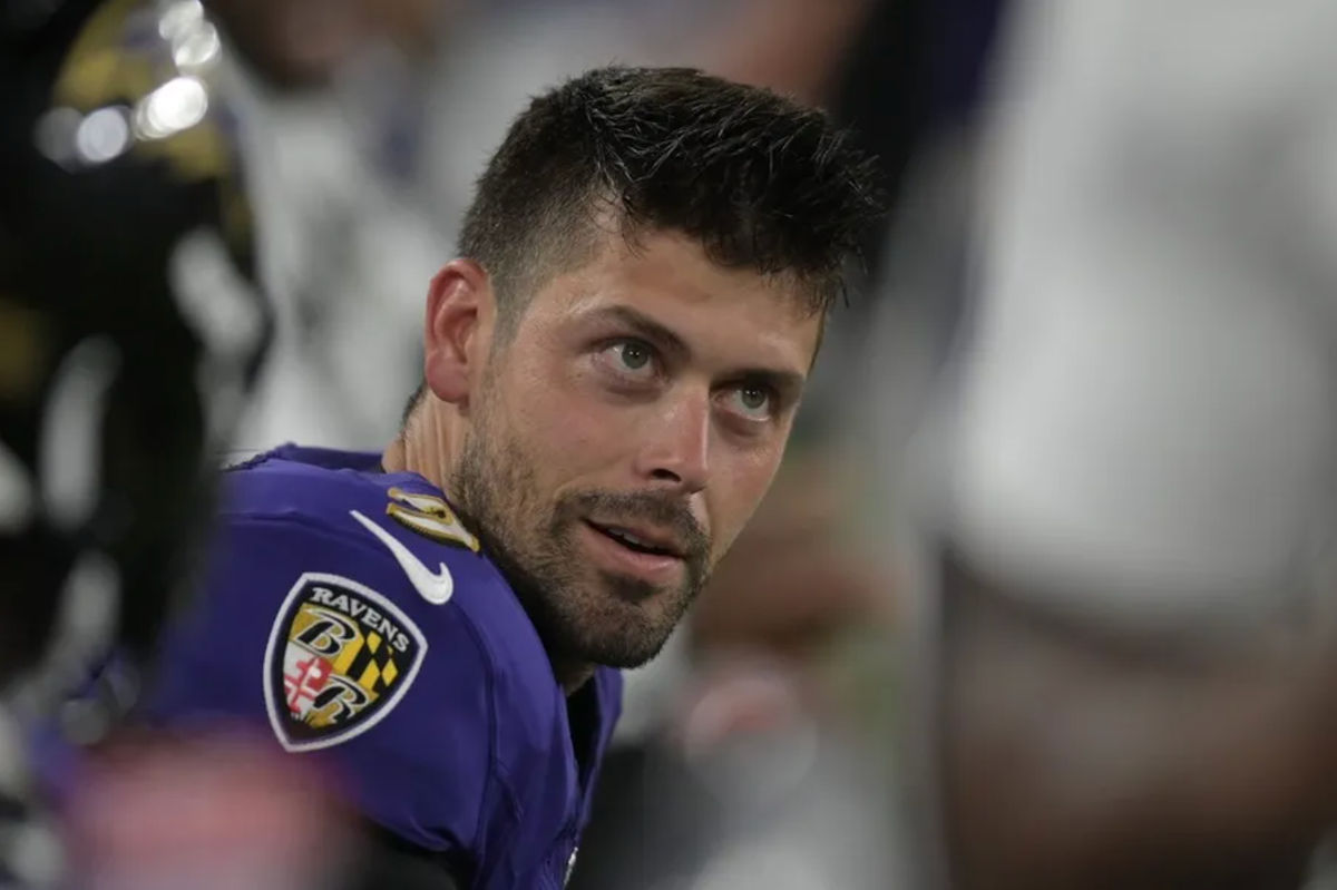 Aug 12, 2023; Baltimore, Maryland, USA; Baltimore Ravens place kicker Justin Tucker (9) sits on the bench during the second half against the Philadelphia Eagles at M&amp;T Bank Stadium. Mandatory Credit: Tommy Gilligan-Imagn Images