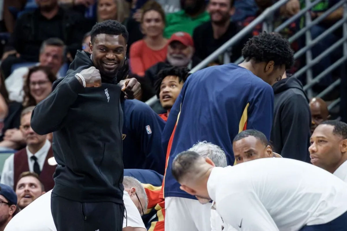 Oct 27, 2025; New Orleans, Louisiana, USA; New Orleans Pelicans forward Zion Williamson reacts after a teammate scores against the Boston Celtics during the first half at Smoothie King Center. Mandatory Credit: Matthew Hinton-Imagn Images