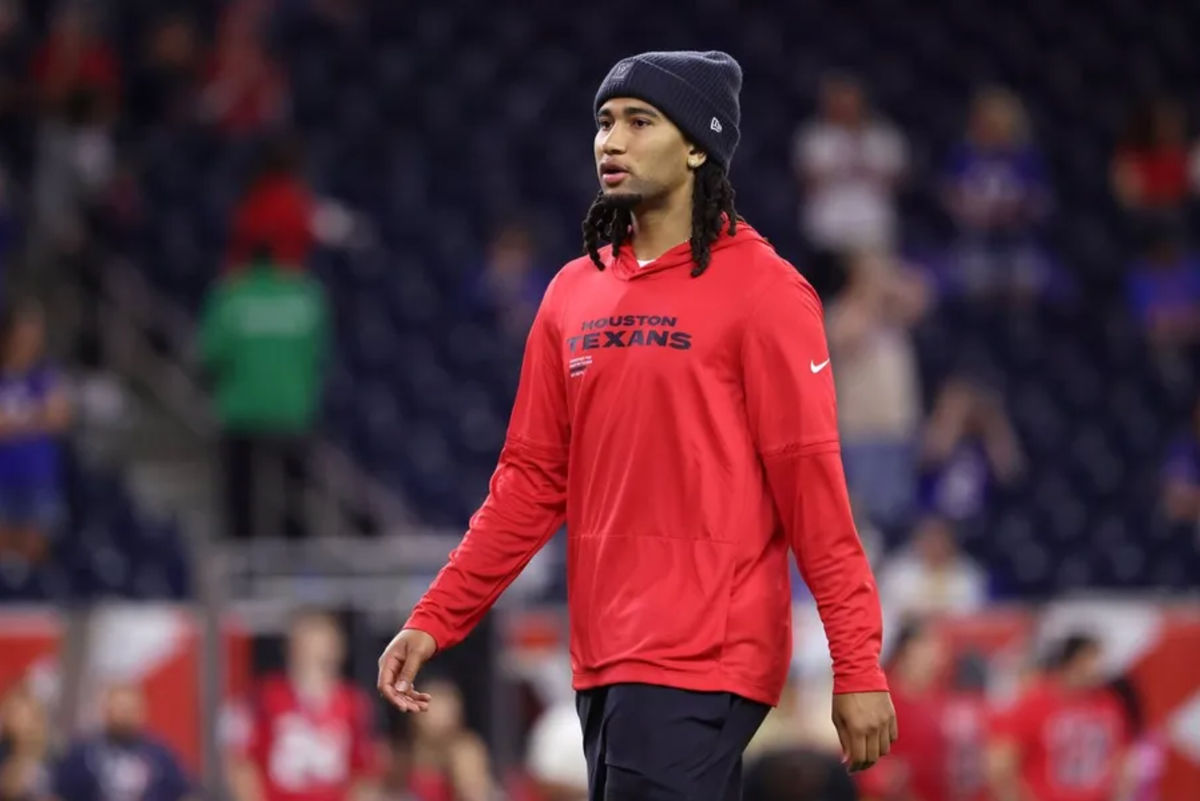 Nov 20, 2025; Houston, Texas, USA; Houston Texans quarterback C.J. Stroud (7) looks on before the game against the Buffalo Bills at NRG Stadium. Mandatory Credit: Troy Taormina-Imagn Images