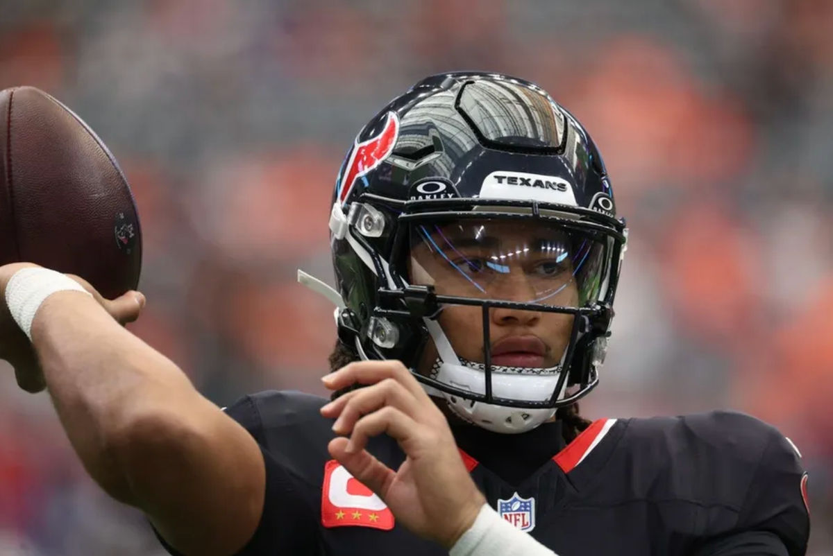 Nov 2, 2025; Houston, Texas, USA; Houston Texans quarterback C.J. Stroud (7) warms up before a game against the Denver Broncos at NRG Stadium. Mandatory Credit: Thomas Shea-Imagn Images