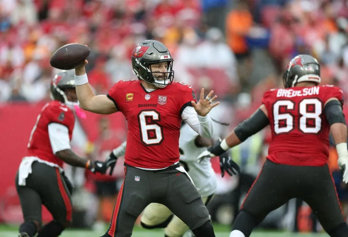 Dec 7, 2025; Tampa, Florida, USA; Tampa Bay Buccaneers quarterback Baker Mayfield (6) looks to throw downfield during the first quarter against the New Orleans Saints at Raymond James Stadium. Mandatory Credit: Nathan Ray Seebeck-Imagn Images