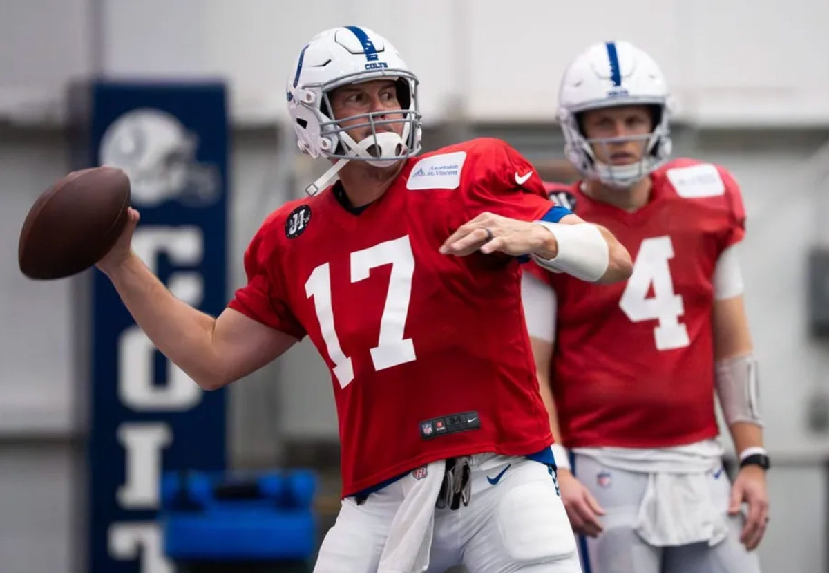 Indianapolis Colts quarterback Philip Rivers (17) drops back to pass Wednesday, Dec. 10, 2025, during practice at the Colts training facility in Indianapolis.