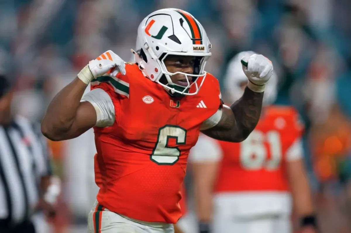 Aug 31, 2025; Miami Gardens, Florida, USA; Miami Hurricanes running back CharMar Brown (6) reacts after scoring a touchdown against the Notre Dame Fighting Irish during the third quarter at Hard Rock Stadium. Mandatory Credit: Sam Navarro-Imagn Images