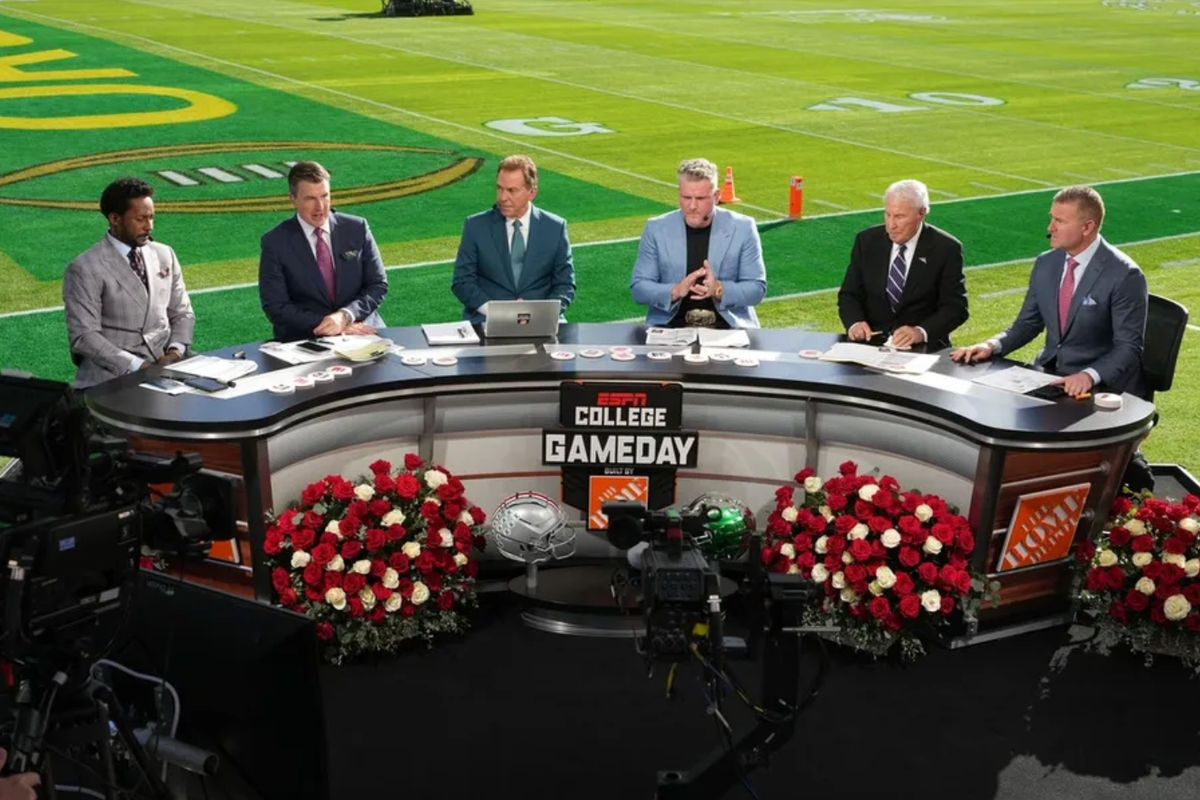 Jan 1, 2025; Pasadena, California, USA; From left: Desmond Howard, Rece Davis, Nick Saban, Pat McAfee, Lee Corso and Kirk Herbstreit on the ESPN Gameday set at Rose Bowl Stadium. Mandatory Credit: Kirby Lee-Imagn Images