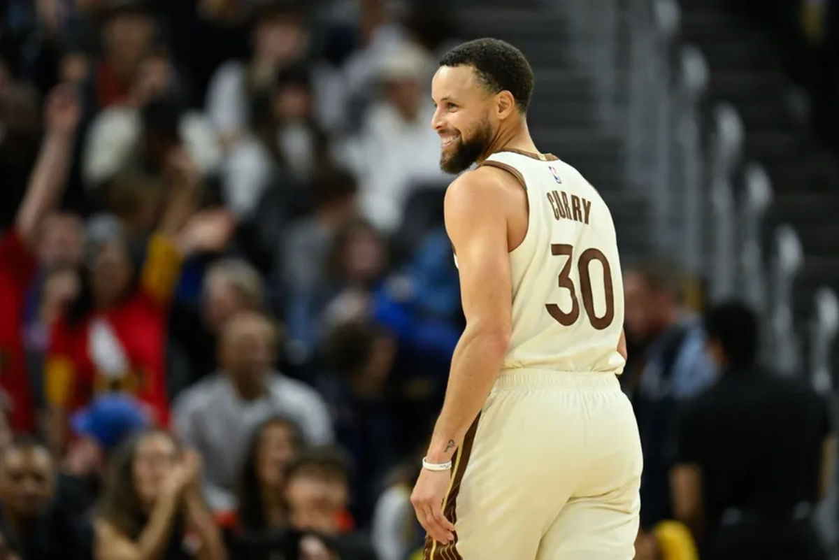 Dec 22, 2025; San Francisco, California, USA; Golden State Warriors guard Stephen Curry (30) celebrates a three point basket against the Orlando Magic in the fourth quarter at Chase Center. Mandatory Credit: Eakin Howard-Imagn Images